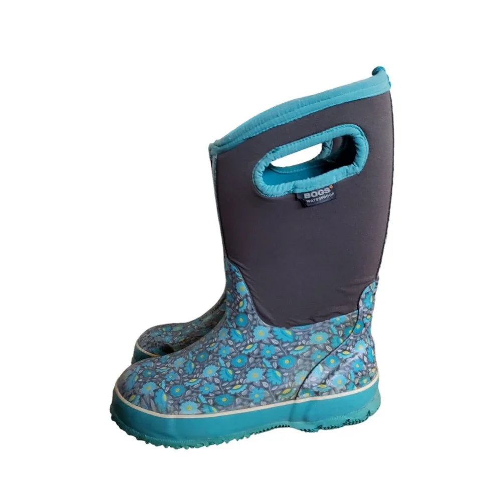 BOGS Youth Classic Floral Boots Kids Youth Size 2 Teal Insulated Waterproof Boot